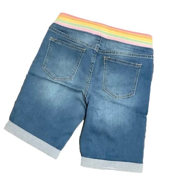 Vigoss Girls Jeans Shorts Bermuda Blue Cuff Rainbow Waistband Sz Medium 9/10 NEW - Picture 2 of 3